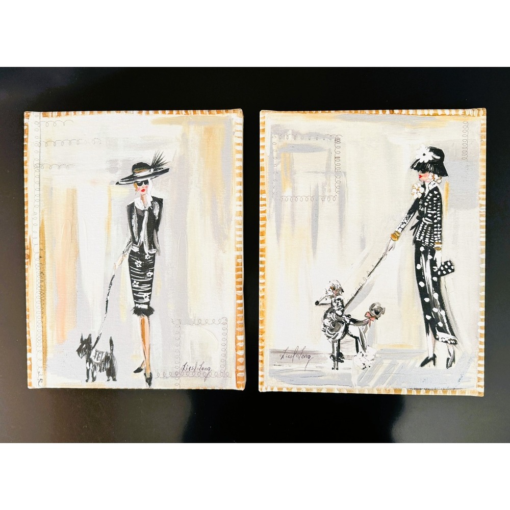 2 Liesl Long Canvas Prints 11"x14"High Fashion Lady Walking Dog Poodle Scottie